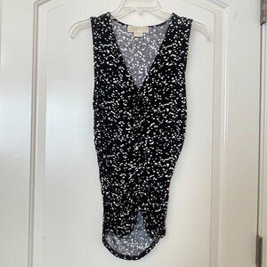 Michael Kors Small Knit Top Ruching V Neck Tie Sleeveless Black White Blouse